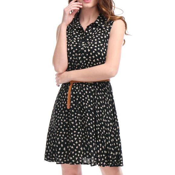 Women's Printed Half Placket Above Knee Sleeveless Belted Dress Black-daisy - Picture 3 of 6